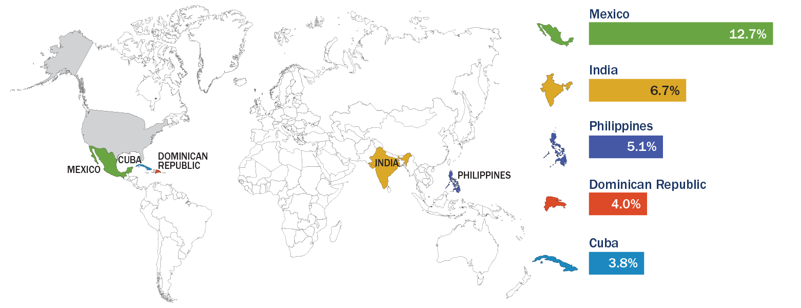 The top five countries of birth for people naturalizing in FY 2023