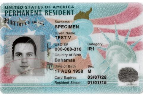 Front side of previous United States Permanent Resident Card specimen (sample)