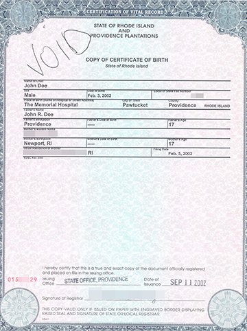 Image of a sample United States birth certificate